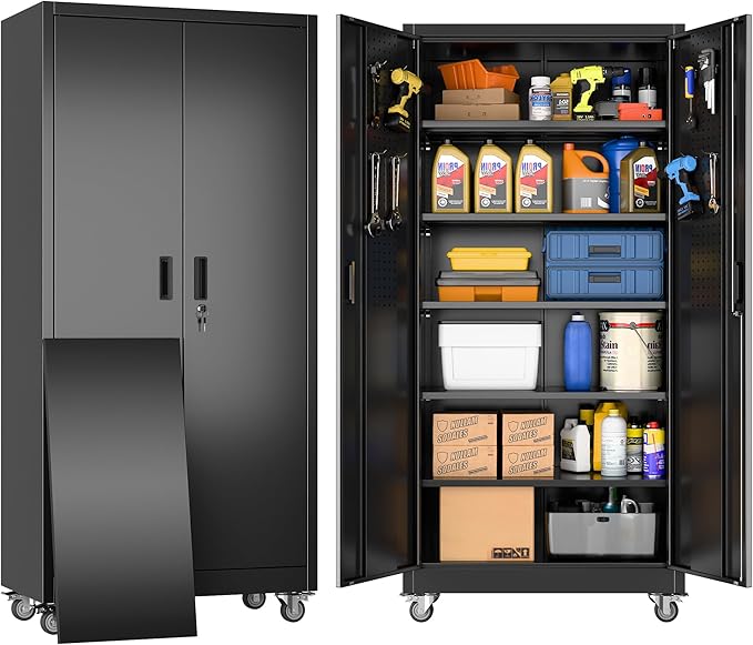 Garage Storage Cabinet with Wheels & Pegboard Doors, Lockable Metal Storage Cabinet with 5 Adjustable Shelves for Garage, Home, Black, Assembly Required, 71" H x 34" W x 18" D