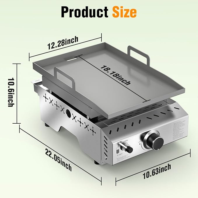 COWSAR Stainless Steel Tabletop Grill – 18-Inch Portable Propane Griddle | Gas Griddle,8000 BTU Flat Top Cooking Surface for Camping,Griddle with Handle