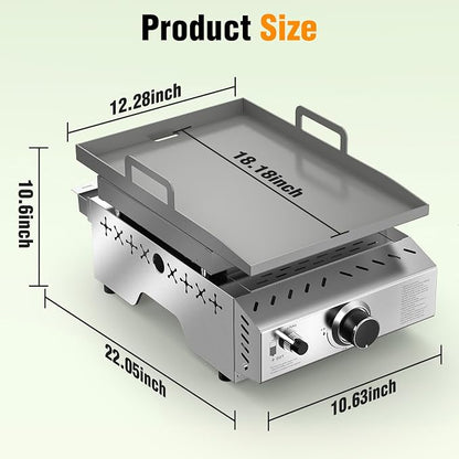 COWSAR Stainless Steel Tabletop Grill – 18-Inch Portable Propane Griddle | Gas Griddle,8000 BTU Flat Top Cooking Surface for Camping,Griddle with Handle