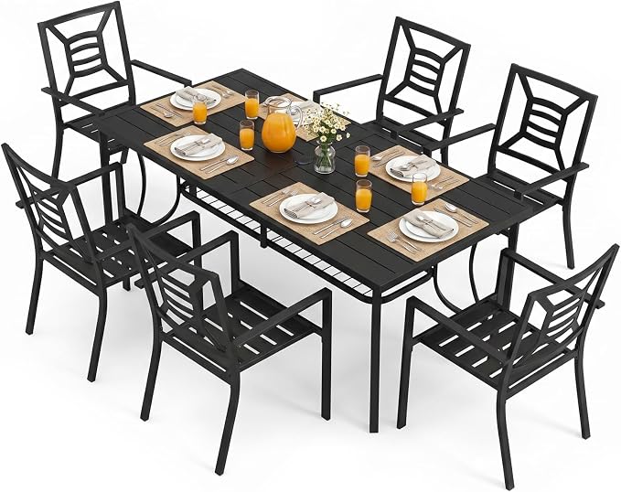 Outdoor Patio Dining Sets 7 Pieces Large 77" Rectangular Metal Dining Table