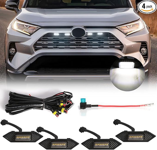 LED Grille Lights For Toyota RAV4 2019 2020 2021 2022 2023 Smoked Shell White Grill Light 4 Pcs, Plug and Play