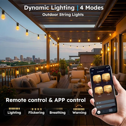 GvvooHome 100FT S11 LED Outdoor String Lights with App & Remote, Low-Voltage Patio Lights with Music Sync, 4 Lighting Modes, Dimmable, Waterproof LED Lights for Backyard, Porch, Garden, Deck, Party