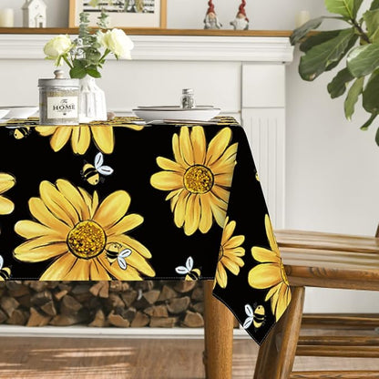 Horaldaily Summer Tablecloth 52 x 70 Inch Rectangular Yellow Sunflower | Bumble Bee Black Fall Washable Table Cover for Party Picnic Dinner Decor