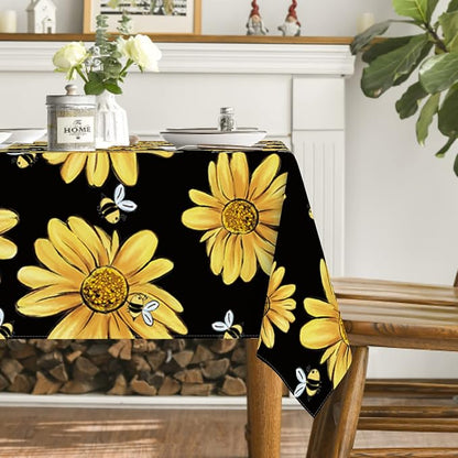 Horaldaily Summer Tablecloth 60 x 84 Inch Rectangular Yellow Sunflower | Bumble Bee Black Fall Washable Table Cover for Party Picnic Dinner Decor