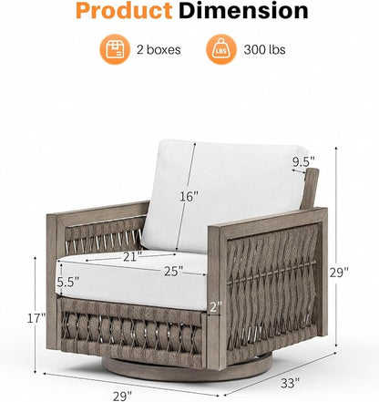 Swivel Patio Chair, Never Rust Aluminum Outdoor Swivel Sofa Chair with Washable Cushions, Rope Weave Patio Sofa Armchair, Deep Seating Outdoor Club Chairs for Garden, Porch, Poolside, Gray Oak