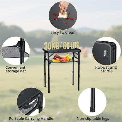 Anbte Folding Camping Table, 24"X 16" Adjustable Height Small Folding Table | with Storage Net, Aluminum Compact Folding Table, Lightweight, Portable Table for Outdoor Travel Cooking Picnic, Pure Black