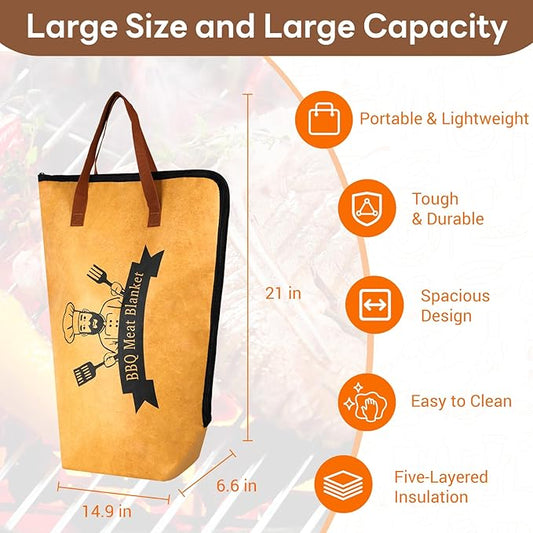 BBQ Meat Resting Bag 23" XL – 2026 Upgraded Leak-Proof & Thicker Insulation | 90-Min Heat Retention | Extra-Large Wide-Mouth 4-Layer Insulated Bag for Brisket, Whole Turkey & Pork Shoulder (23IN)