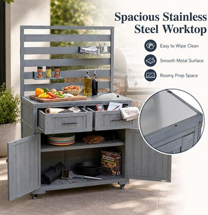 Outdoor Kitchen Island Cart with Stainless Steel Top, Grill Prep Table | Solid fir wood frame, stainless steel top, 64.9 in height, 3 movable shelves, lockable wheels, 110 lb top, BBQ and garden use