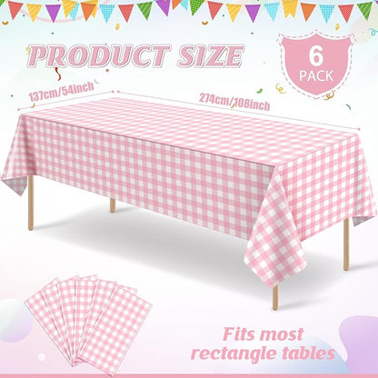 6Pcs Pink Gingham Tablecloths, Checkered Party Table Covers 54x108 In | Pink and White Checkered Tablecloths Disposable Waterproof for Baby & Bridal Shower Picnic Camping Girls Birthday Party