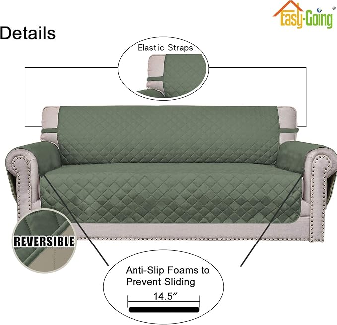Easy-Going Reversible Couch Cover, 3 Cushion Sofa, Greyish Green/Beige | Large, Washable Slipcover For Dogs, Water Resistant Furniture Mat For Living Room, Non-Slip Sofa Cover, Pet Friendly