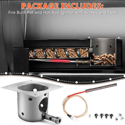 QuliMetal Upgraded Fire Burn Pot and Hot Rod Ignitor Kit Replacement Parts | for Traeger, Pit Boss & Camp Chef Pellet Grill Smoker, Durable Fire Burner Pot with Ash Remover, Screws & Fuse