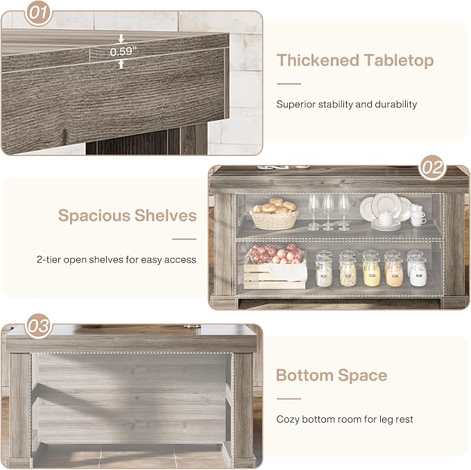 Tribesigns 55" Kitchen Island with Seating and Storage, 3-Tier, Farmhouse | Wood Stationary Island Table with Large Worktop & Legroom, Heavy Duty, Coffee Bar Table with Storage Shelf for Kitchen, Grey