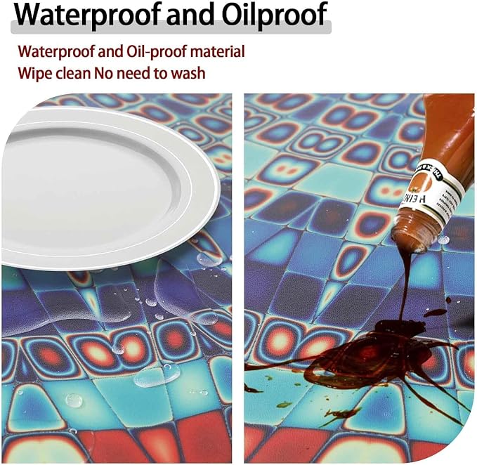opstellen Waterproof Boho Vinyl Round Tablecloth Fitted Table Cloth Summer Fall Outdoor Circle Cover for 45-54" Tables Dining Kitchen Apartment Essentials Picnic Camping Party Decor Housewarming Gifts