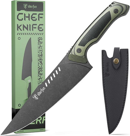 8 Inch Professional Chef Knife with Leather Sheath, Ultra Sharp Kitchen Knife with G10 Handle,Full Tang, Gyuto Style for Home Cooking and Outdoor BBQ, Knives for Men Him Husband Dad Father