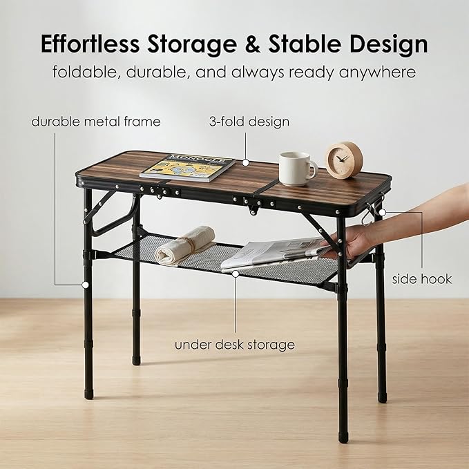 Folding Picnic Table 3ft Portable Camping Table with Adjustable Heights Lightweight Aluminum Foldable Small Card Table for Outdoor Indoor Camp Backyard BBQ
