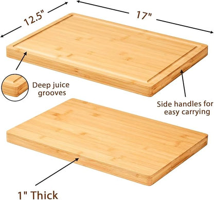Allsum Large Bamboo Wood Cutting Boards for Kitchen, 1" Extra Thick Butcher Block with Juice Grooves & Handles Resisting to Warping and Cracking, Fancy Charcuterie Boards, 17"L x 12.5"W