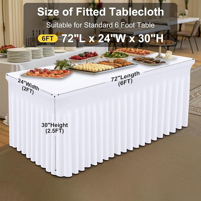 Smiry 2 Pack Spandex Elastic Fitted Table Cloth Skirt for 6FT Table | Stretch Washable Table Cloth, Banquet Table Cover for Wedding, Party, Indoor & Trade Shows, (White, 72Lx24Wx30H)