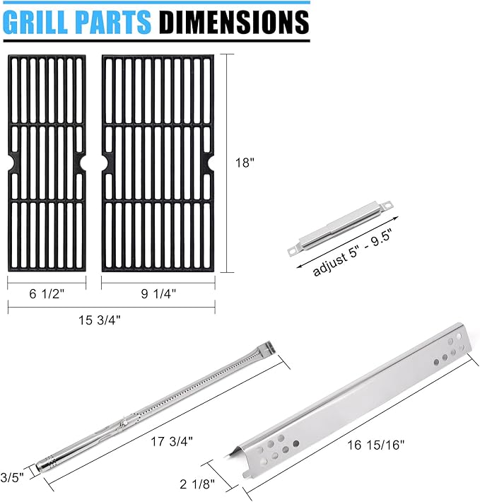 Grill Replacement Parts for Charbroil Performance 2 Burner 463673519, 463625217, 463625219, G470-0002-W1, G470-0003-W1, 18'' Cast Iron Grates, Heat Plates, Burners, Crossover Tubes, Ignitors.