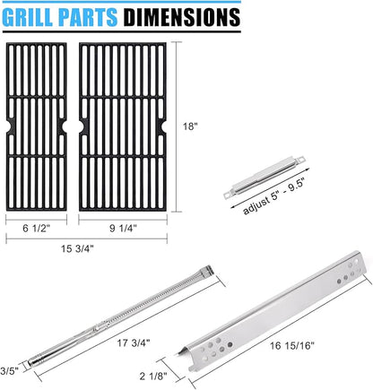 Grill Replacement Parts for Charbroil Performance 2 Burner 463673519, 463625217, 463625219, G470-0002-W1, G470-0003-W1, 18'' Cast Iron Grates, Heat Plates, Burners, Crossover Tubes, Ignitors.
