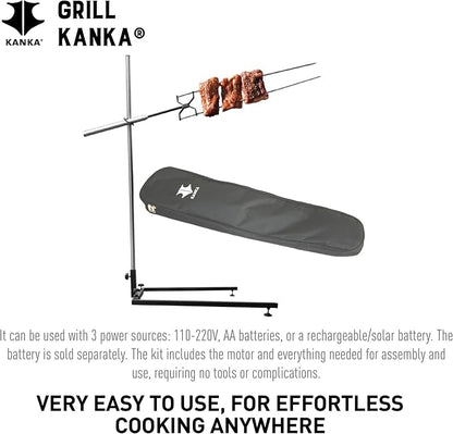 KANKA Rotisserie Grill Kit – Heavy Duty Portable Spit Roaster with Electric Motor – Works with Fire Pits, Campfires, Charcoal & Gas Grills – 22LB Capacity, Stainless Steel - Includes Carrying Bag