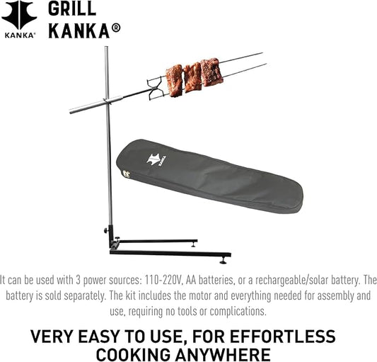 KANKA Rotisserie Grill Kit – Heavy Duty Portable Spit Roaster with Electric Motor – Works with Fire Pits, Campfires, Charcoal & Gas Grills – 22LB Capacity, Stainless Steel - Includes Carrying Bag