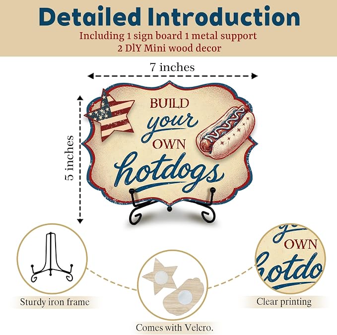 Hot Dog Stand Sign with Metal Display Stand, Wooden Patriotic Tabletop Menu Sign for BBQ Party, Food Truck, Buffet Table, Hot Dog Shop Decor, Independence Day 250th Anniversary Celebration - A01