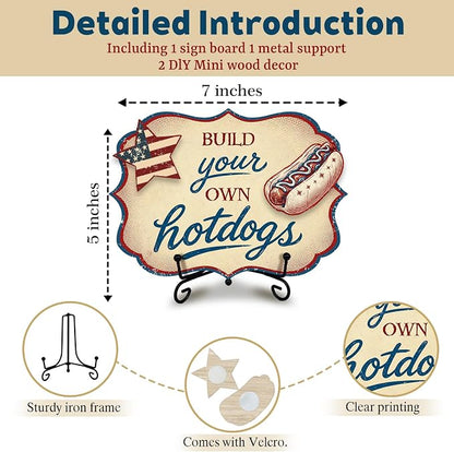 Hot Dog Stand Sign with Metal Display Stand, Wooden Patriotic Tabletop Menu Sign for BBQ Party, Food Truck, Buffet Table, Hot Dog Shop Decor, Independence Day 250th Anniversary Celebration - A01