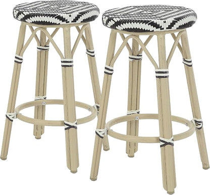 Seadrift Boho 26-inch Aluminum and All-Weather Wicker Barstools with Footrest, Patio Stools & Bar Chairs for Outdoor, Kitchen Counter, Poolside, Yard, Set of 2, Dark Brown and Beige