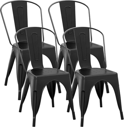COSTWAY Stackable Metal Dining Chairs Set of 4 with Back, Indoor & Outdoor | Black, Industrial Vintage Style, Breathable Seat, High Backrest, for Dining Room, Kitchen, Bar, Cafe, Bistro, Restaurant