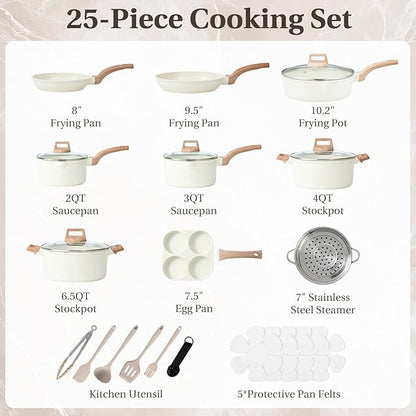 NEWBULIG 25-Piece Nonstick Cookware Set, Granite Pots and Pans with Lids, Induction Compatible Nonstick Cooking Set with Frying Pans & Saucepans, Cream White