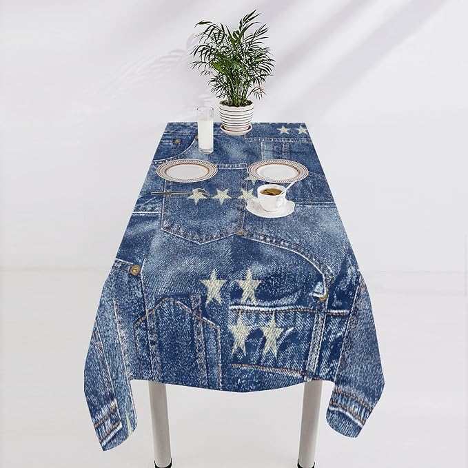 Denim Patchwork Style Tablecloth, Fashionable Blue Denim Jean Pocket Design Water Resistant Wipeable Table Cover for Farmhouse Picnic Party Holiday Kitchen Dinner Table 60"x110"