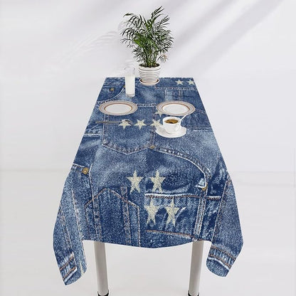 Denim Patchwork Style Tablecloth, Fashionable Blue Denim Jean Pocket Design Water Resistant Wipeable Table Cover for Farmhouse Picnic Party Holiday Kitchen Dinner Table 60"x120"