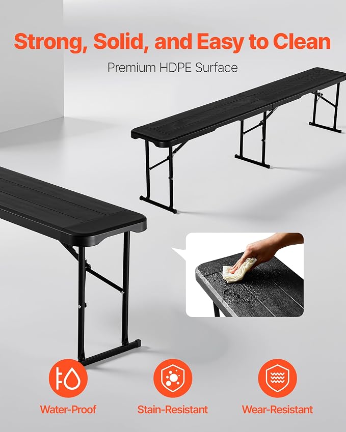VEVOR Plastic Folding Bench, 6 ft Portable Bench for Outdoor Picnic Party Camping Dining, Foldable Smooth HDPE Seat for Garden Soccer Multipurpose Entertaining Activities, 1/2 Pack (2, Black, 6FT)