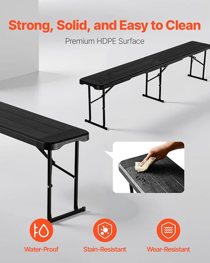 VEVOR Plastic Folding Bench, 6 ft Portable Bench for Outdoor Picnic Party Camping Dining, Foldable Smooth HDPE Seat for Garden Soccer Multipurpose Entertaining Activities, 1/2 Pack (2, Black, 6FT)