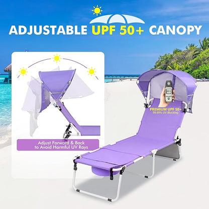 Wheel-To-Go Tanning Chair with Wheels Sun Canopy Umbrella Face Hole Thicker Washable Adjustable, Heavy Duty Folding Lay Flat Sun Lounge Chair Beach Outside Sunbathing Reading, UPF 50+ (Patent Design)