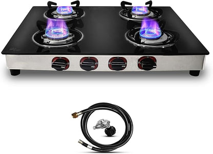 24 inch Gas Cooktop - Tempered Glass Gas Stove with 4 Burner & Stainless Steel Lower Body - Counter top GasStove for RV Propane Stove, Apartment, or Outdoor use with Hose Pipe & Regulator