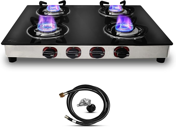 24 Inch Gas Cooktop, Tempered Glass Gas Stove with 4 Burner | Stainless Steel Lower Body Countertop Gas Stove for RV Propane Stove, Apartment & Outdoor Use with Hose Pipe & Regulator