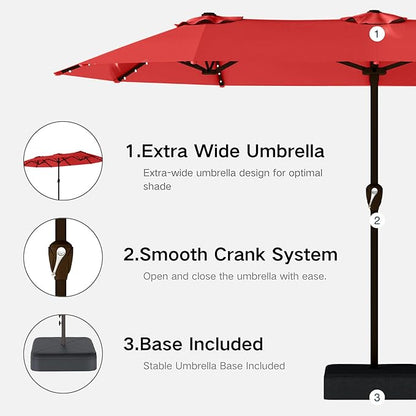 Kingdura 15ft Large Patio Umbrella with Solar Lights, Double-Sided Rectangle Lighted Outdoor Table Umbrella with Base Included, 12 Reinforced Ribs, 48 Led Lights, Crank Lift for Market Pool Deck Backyard, Red