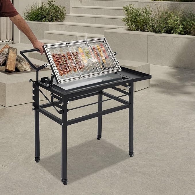 360° Rotating Barbecue Grill, Charcoal Flip Grill For Bbq With Adjustable Height, Portable Charcoal Bbq Grill With Wheels, Flip Grill For Outdoor Picnics, Camping, 24.41 * 14.76 * 31.1 In