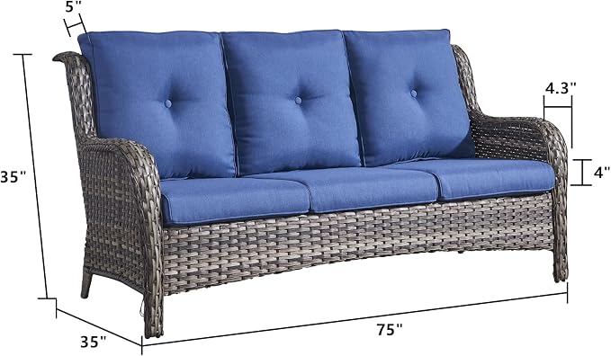 Rilyson Outdoor Patio Wicker Sofa, 900Lbs Weight Capacity Large 3 Seater Wicker Patio Couch with 4in Seat Cushions and Deep Seating, All Weather for Backyard, Garden, Poolside (Mixed Grey/Blue)