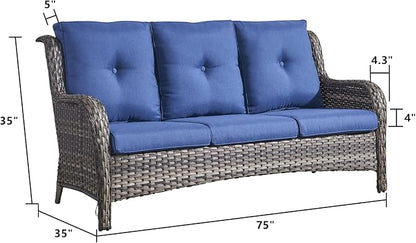 Rilyson Outdoor Patio Wicker Sofa, 900Lbs Weight Capacity Large 3 Seater Wicker Patio Couch with 4in Seat Cushions and Deep Seating, All Weather for Backyard, Garden, Poolside (Mixed Grey/Blue)