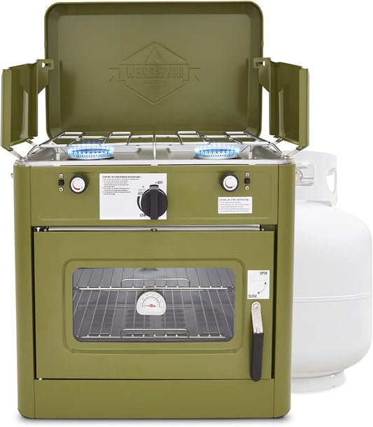 Hike Crew Outdoor Gas Camping Oven w/Carry Bag | CSA Approved Portable Propane-Powered 2-Burner Stove & Oven | Auto Ignition, Overheat Safety Shutoff, Built-In Thermometer | Hose & Regulator Included