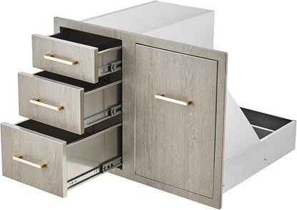 PeakPursuit Stainless Steel Outdoor Kitchen Door Drawer Combo - Triple Drawers & Access Door, Propane Storage & Adjustable Garbage Ring, Weather-Resistant Flush Mount, 29.5" W x 21.7" D x 22.6" H