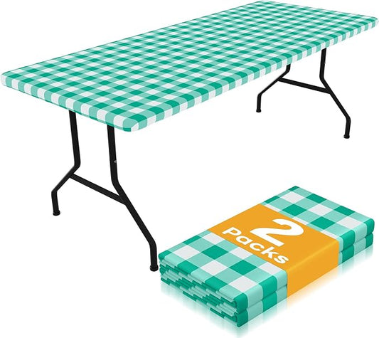 Smiry Picnic Table Cloth 2 Pack, Waterproof Elastic Fitted Tablecloths for 8FT Rectangle Tables, Washable Polyester Buffalo Plaid Tablecloth for Camping, Dining & Outdoor (Green & White, 30" x 96")