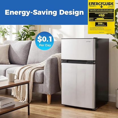 COSTWAY Compact Refrigerator, 3.2 Cu.Ft. Fridge Freezer Compartment with Reversible 2 Door, Adjustable Thermostat, Removable Glass Shelves, Mini Refrigerator for Bedroom Dorm Apartment, Glossy Silver