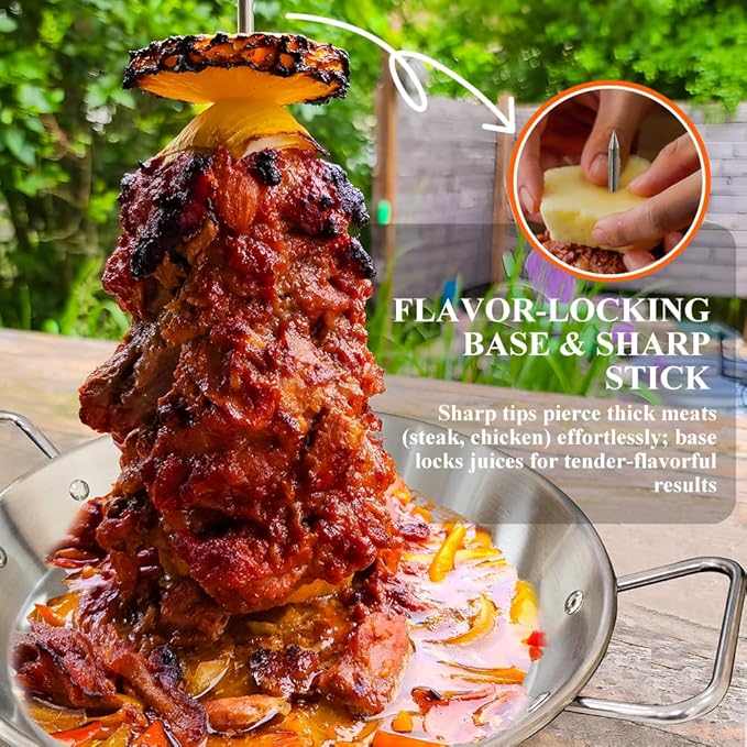 Stainless Steel Vertical Skewer Spit Stand for Grill and Oven with 3 Removable Spikes (8/10/12 inch) - Al Pastor Shawarma Gyro Kebabs Kit Includes Brushes
