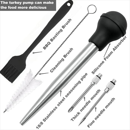Turkey Bsater, Stainless Steel Turkey Baster Silicone Bulb with 2 Marinade Injector Needles and 2 Brush for Cooking Easy Clean and Dishwasher Safe Color Black