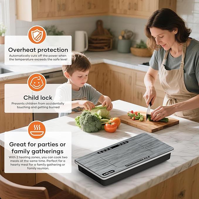 1800W Dual Induction Cooktop, Silver Wood-Grain Panel, 2×900W Burners, Touch Control, 8 Heating Levels, Timer, Black Ceramic Glass, Compatible with Magnetic Cookware