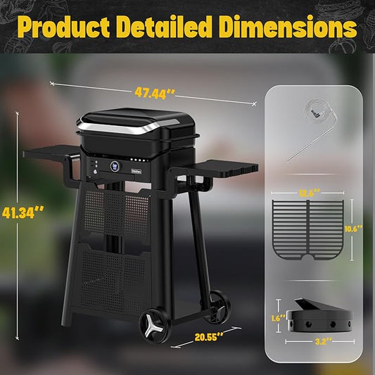 Volteq Smart Electric Grill with Cart - 1500W, 650°F, No Smoke Indoor/Outdoor BBQ, Digital Control & Meat Probe, Perfect for Apartment Balcony, Patio, Deck