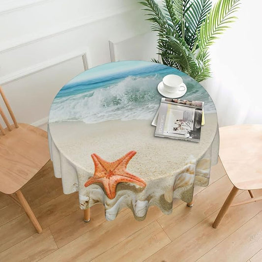Sweetshow Summer Beach Tablecloth Round 60 Inch Waterproof Polyester Washable Circle Sand Starfish Ocean Waves Table Cover Table Cloth for Kitchen Dining Room Indoor Outdoor Picnic Patio Party